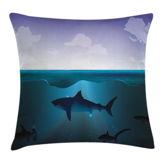 Underwater Throw Pillow Cushion Cover, Wild Sharks Swimming in Sea Atlantic Ocean Peace Clouds Marine Design, Decorative Square Accent Pillow Case, 24 X 24 Inches, Violet Petrol Blue, by Ambesonne