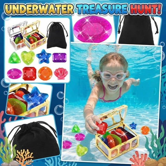 Underwater Treasure Dive Kit with Colorful Large Gemstones and Pirate Chest, Sinking Pool Gems for Swim Training, Underwater Treasure Hunt, Pool Game & Gem Collection Set