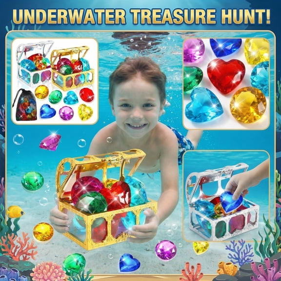 Underwater Treasure Dive Kit with Colorful Large Gemstones and Pirate Chest, Sinking Pool Gems for Swim Training, Underwater Treasure Hunt, Pool Game & Gem Collection Set