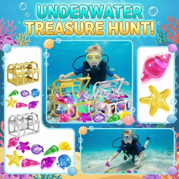 Underwater Treasure Dive Kit with Colorful Large Gemstones and Pirate Chest, Sinking Pool Gems for Swim Training, Underwater Treasure Hunt, Pool Game & Gem Collection Set