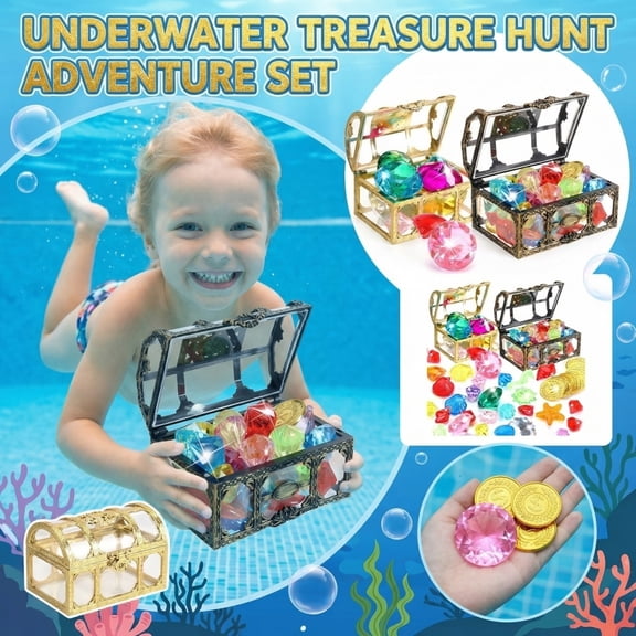 Underwater Treasure Dive Kit with Colorful Large Gemstones and Pirate Chest, Sinking Pool Gems for Swim Training, Underwater Treasure Hunt, Pool Game & Gem Collection Set