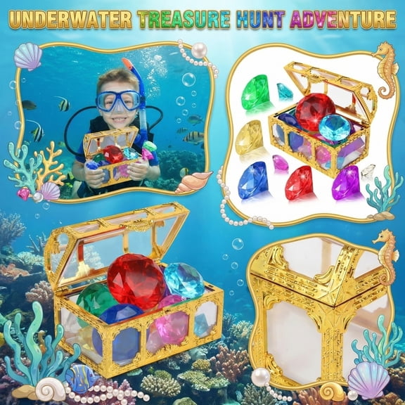 Underwater Treasure Dive Kit with Colorful Large Gemstones and Pirate Chest, Sinking Pool Gems for Swim Training, Underwater Treasure Hunt, Pool Game & Gem Collection Set