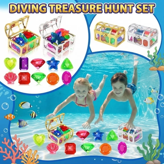 Underwater Treasure Dive Kit with Colorful Large Gemstones and Pirate Chest, Sinking Pool Gems for Swim Training, Underwater Treasure Hunt, Pool Game & Gem Collection Set