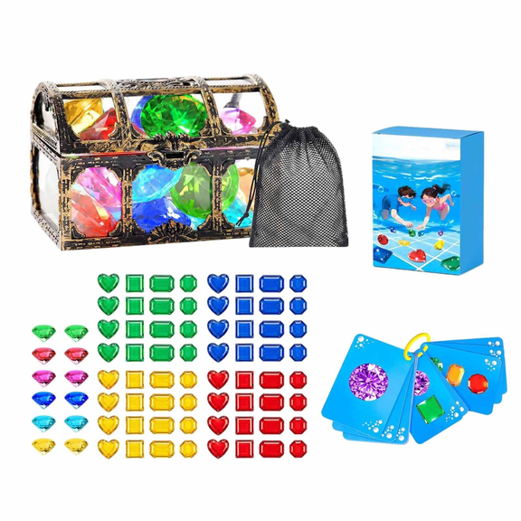Underwater Treasure Hunt Pool Games, 60 Sinking Gems with Pirate Chest & Cards, Summer Swimming Activity for Pool Party, Waterproof Beach Fun Games