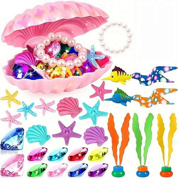 Underwater Treasure Pool Game Set – Floating Chest with Gems, Shells, Sea Life Figures for Pool Party, Summer Outdoor Activity for Teens & Adults