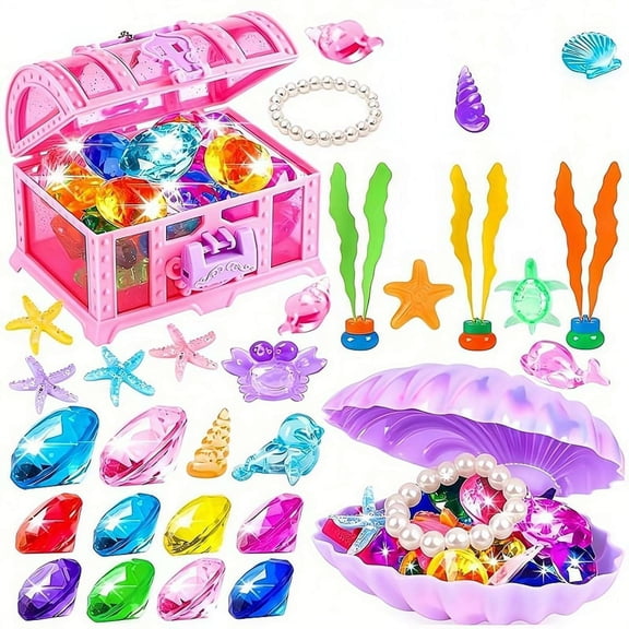 Underwater Treasure Pool Game Set – Floating Chest with Gems, Shells, Sea Life Figures for Pool Party, Summer Outdoor Activity for Teens & Adults