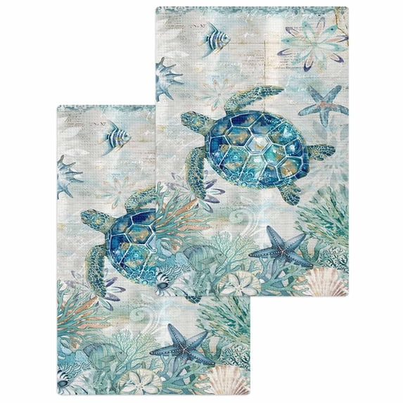 Underwater Turtle Kitchen Dish Towels for Drying Dishes Set of 2, Coastal Coral Starfish Summer Ocean Reefs Waffle Weave Microfiber Hand Tea Bathroom Towels Quick Dry & Absorbent Towel 15.7x23.6