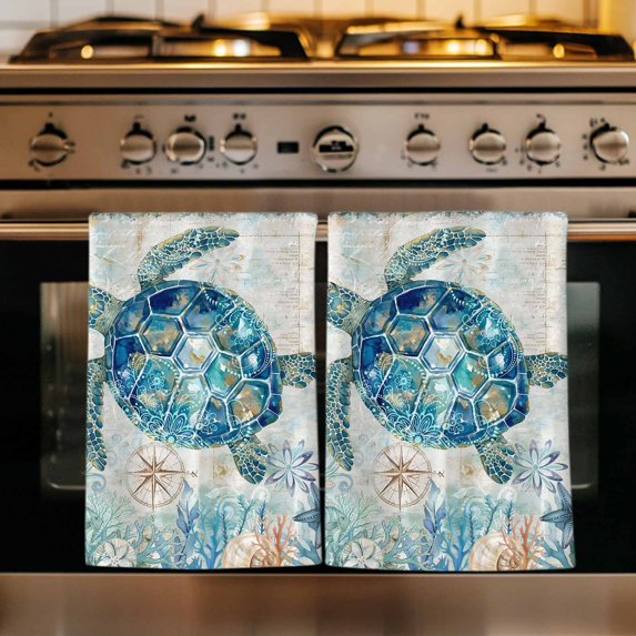 Underwater Turtle Kitchen Towels Set of 2, Coastal Coral Starfish Summer Ocean Reefs Absorbent Dish Towels for Kitchen, Microfiber Hand Towel, Quick Drying Tea Towel for Cleaning Dishcloths