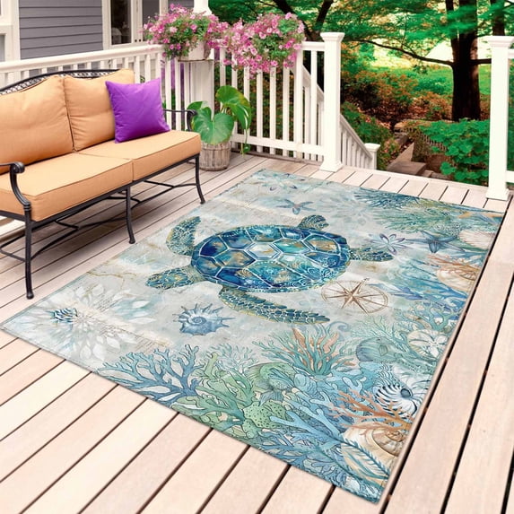 Underwater Turtle Outdoor Rug 6x9 Ft, Non Slip Washable Area Rug, Coastal Coral Starfish Summer Ocean Reefs Patio Rugs Carpet Runner, Large Floor Mat for Indoor/Outdoor Deck Porch Camping