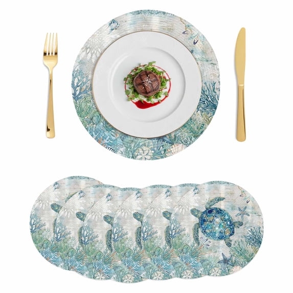 Underwater Turtle Round 13 Inch Placemats Set of 6, Coastal Coral Starfish Summer Ocean Reefs HeatResistant Non Slip Place Mats for Dining Table, Wipeable Braided Kitchen Table Mats for Housewarming