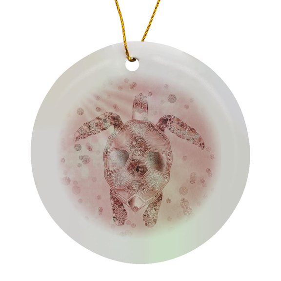 3drose, Underwater Turtle with Light Rays, Glamorous Rose Gold Colors, Circle Porcelain Ornament