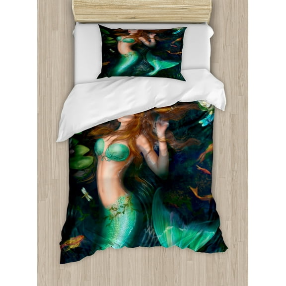 Underwater Twin Size Duvet Cover Set, Fantasy Mermaid In Lake with Lilies Blossom Magical Plants Big Leaves, Decorative 2 Piece Bedding Set with 1 Pillow Sham, Jade Green Brown, by Ambesonne