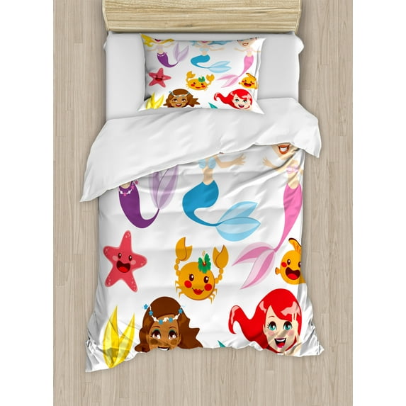 Underwater Twin Size Duvet Cover Set, Illustration of Cute Colorful Mermaids and Sea Friends Kids Cheering Joyful, Decorative 2 Piece Bedding Set with 1 Pillow Sham, Multicolor, by Ambesonne