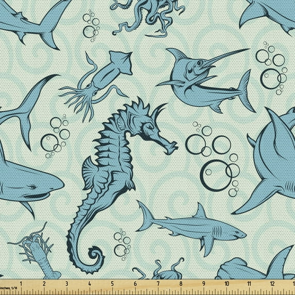 Ambesonne Underwater Fabric by the Yard Upholstery, Cartoon Octopus, 3 Yards, Blue Multicolor
