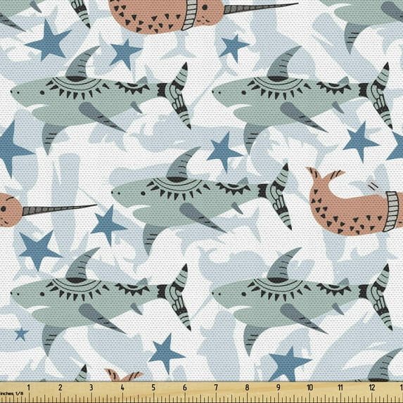 Ambesonne Underwater Fabric by the Yard Upholstery, Sea Sharks and Narwhals, 1 Yard, Coral and Almond Green