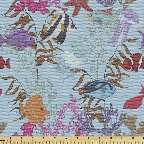 Ambesonne Underwater Fabric by the Yard Upholstery, Aquatic Jellyfish Fish, 1 Yard, Pale Sky Blue Multicolor