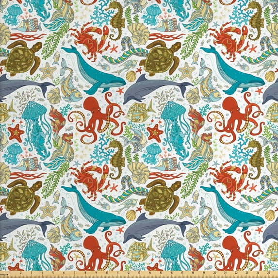 Ambesonne Underwater Fabric by the Yard Upholstery, Jumble Sea Creatures, 3 Yards, Multicolor