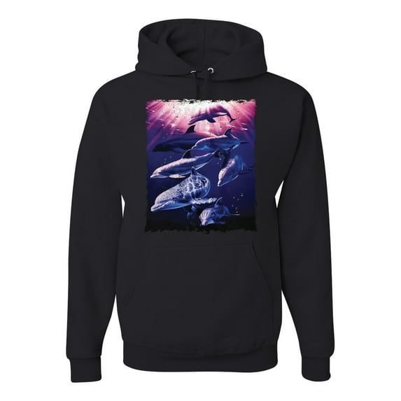 Underwater Whale Dolphin Bottlenose Nautical Fashion Graphic Hoodie Sweatshirt, Black, 2XL
