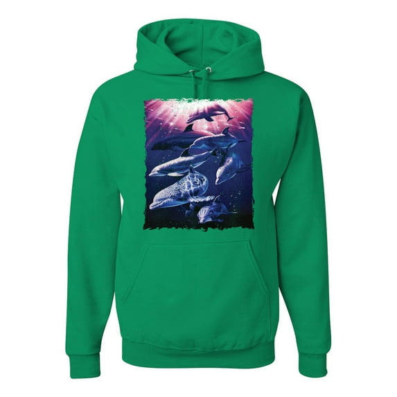 Underwater Whale Dolphin Bottlenose Nautical Fashion Graphic Hoodie Sweatshirt, Kelly, 3XL