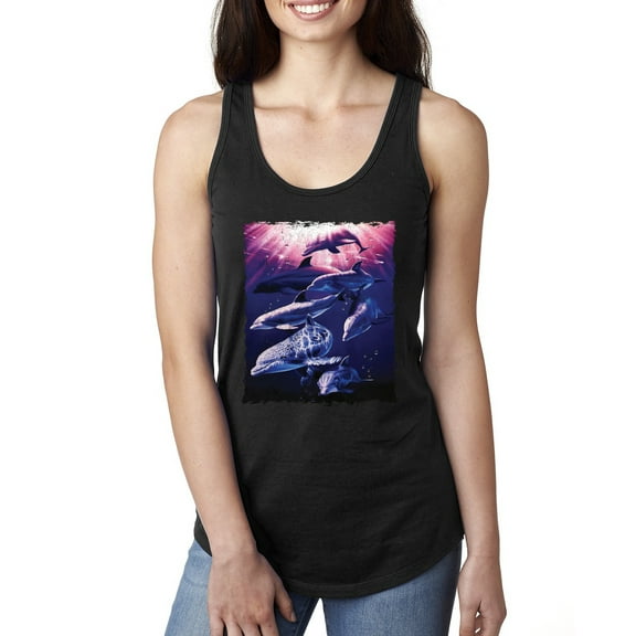 Underwater Whale Dolphin Bottlenose Nautical Fashion Ladies Racerback Tank Top, Black, Small