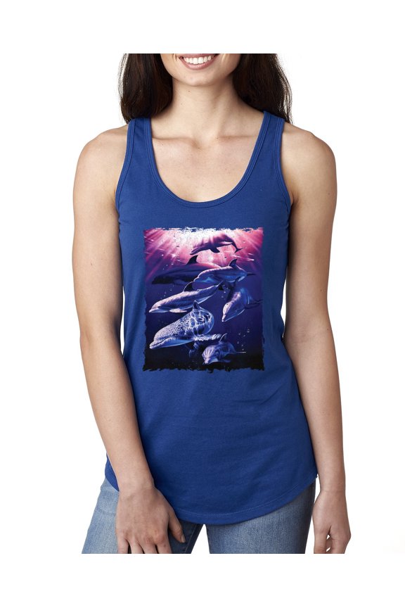 Underwater Whale Dolphin Bottlenose Nautical Fashion Ladies Racerback Tank Top, Royal, Medium