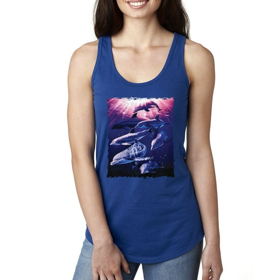 Underwater Whale Dolphin Bottlenose Nautical Fashion Ladies Racerback Tank Top, Royal, X-Large