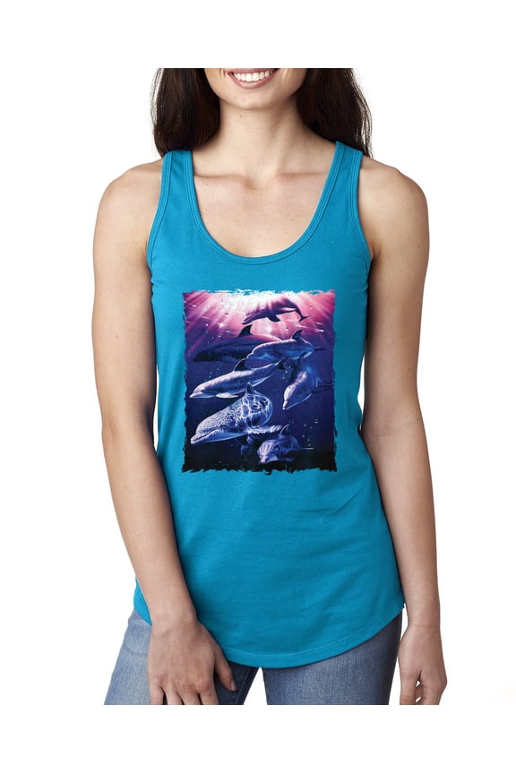 Underwater Whale Dolphin Bottlenose Nautical Fashion Ladies Racerback Tank Top, Turquoise, Small