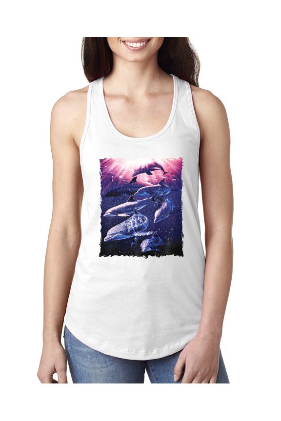 Underwater Whale Dolphin Bottlenose Nautical Fashion Ladies Racerback Tank Top, White, X-Large