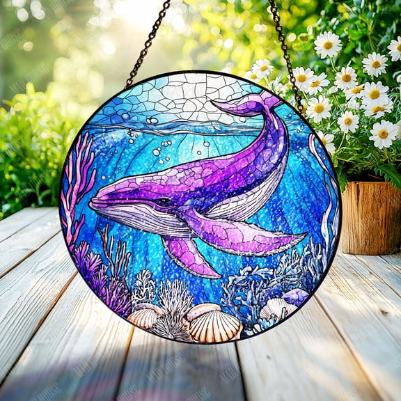 Underwater Whale Stained Glass Ornament, Stunning Window Hanging Art, Ideal Car Decoration and Unique Gift for Dad or Mom, Perfect for Ocean and Marine Life Lovers