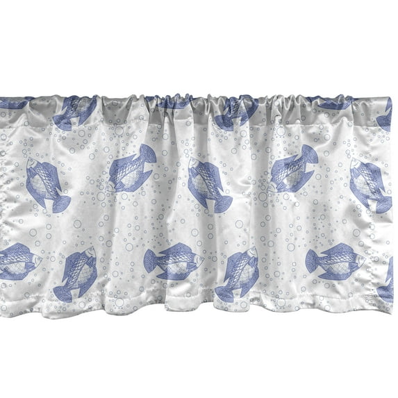 Underwater Window Valance Pack of 2, Fishes Swimming in the Sea Bubbles Marine Animals Ocean Love Doodle, Rod Pocket Curtain Valances for Kitchen Bedroom, 54" X 12", Dark Ceil Blue White, by Ambesonne