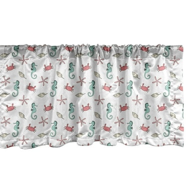 Underwater Window Valance Pack of 2, Starfish Seahorses Crab Seashell Cockleshell Marine Cartoon Pattern, Rod Pocket Curtain Valances Kitchen Bedroom, 2 Sizes, Dark Pink Seafoam Beige, by Ambesonne