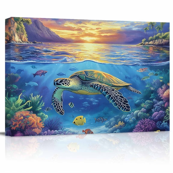 Underwater World Canvas Print Wall Art Sea Turtle Coral Tropical Fish Pictures Painting Morden Artwork for Living Room Bedroom, Ready to Hang - 12"x16"