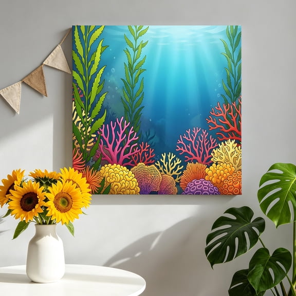Underwater World Canvas Wall Art Framed Wall Decor for Living Room Bedroom Bathroom, Colorful Coral Seaweed Sunbeams Light Canvas Pictures Ready to Hang Decor, 12"x12"