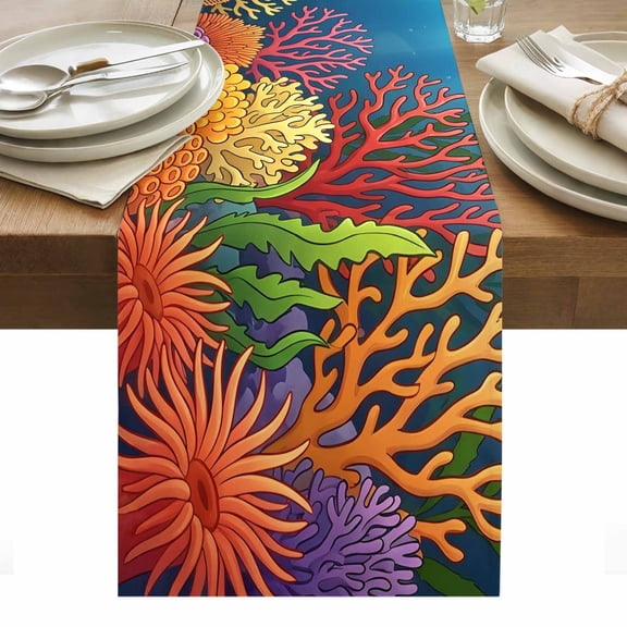 Underwater World Cotton Linen Table Runner Colorful Coral Seaweed Sunbeams Light Dining Table Runners for Home Decor Party Dining Room Restaurant Kitchen Party 13" x 36"