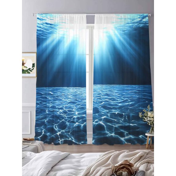 Underwater World Deep Blue Ocean Sunlight Sheer Curtains 2 Panels Set Sunshine Lihgt Filtering Rod Pocket Voile Drape,Semi Sheer Window Curtains for Bedroom Living Room,52"x84"
