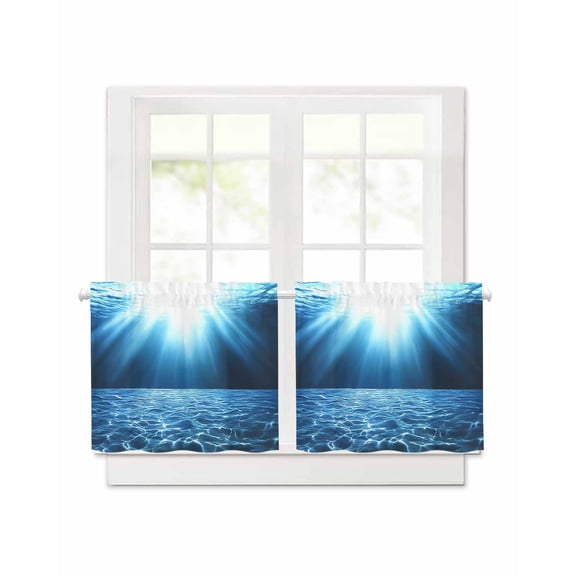 Underwater World Deep Blue Ocean Sunlight Short Blackout Curtains 30 Inch Long,Sunshine Rod Pocket Kitchen Curtains,2 Panels Thermal Insulated Room Darkening Drapes for Bedroom,30"W x 30"L