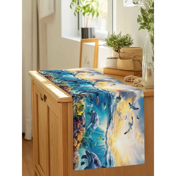 Underwater World Dolphins Seagulls Table Runner 36 Inches Long,Kitchen Dining Tablerunners Tropical Ocean Marine Life Linen Table Runners Dresser Scarves for Home Dinner Wedding Holiday Party Decor