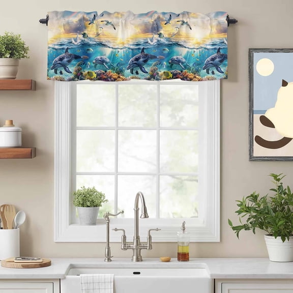 Underwater World Dolphins Seagulls Valances for Windows,Kitchen Valance Rod Pocket Short Curtain, Tropical Ocean Marine Life Valance Curtain Window Valances for Bedroom Bathroom Living Room 54x18in