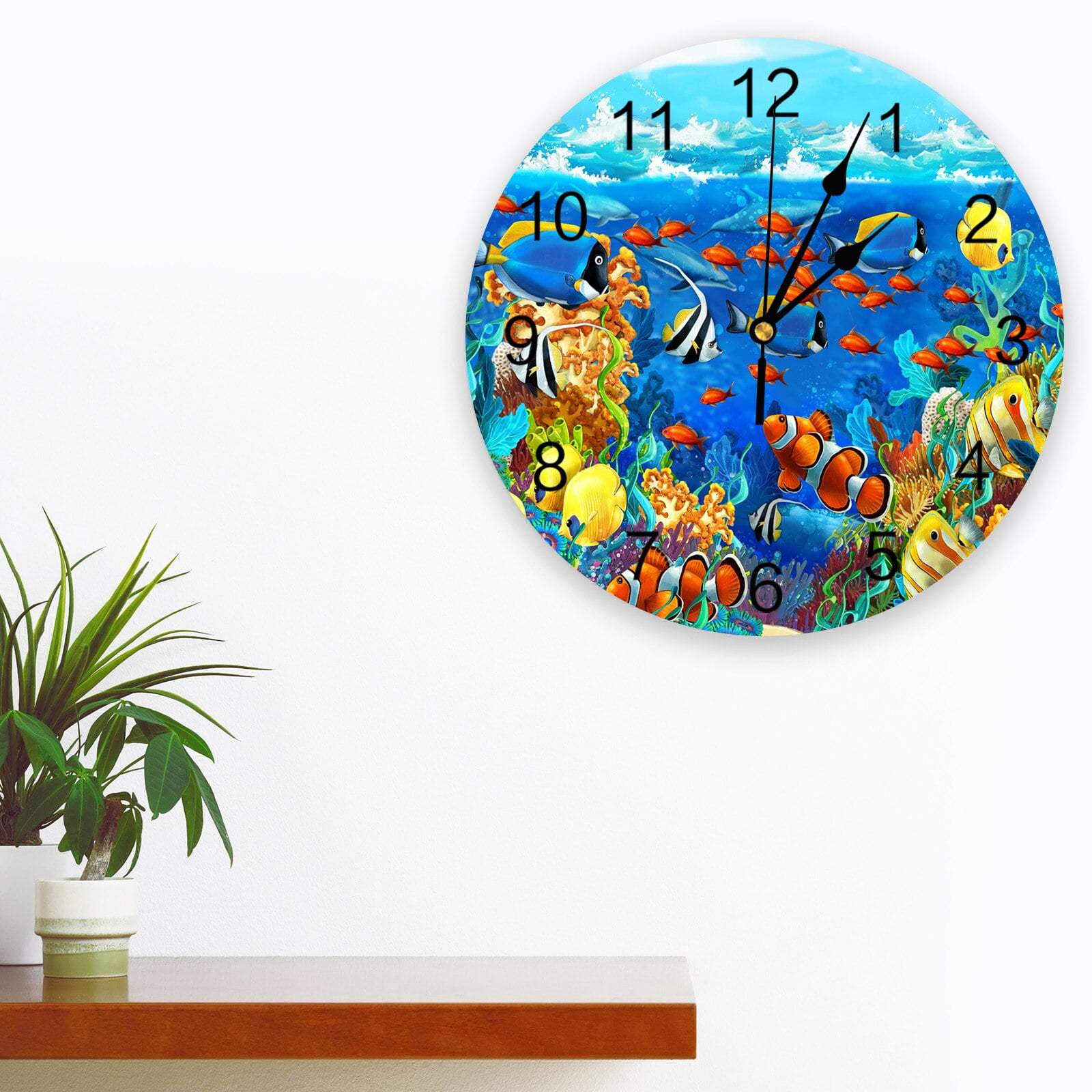 Underwater World Fish Dolphin Wall Clock Bedroom Silent Wall Digital