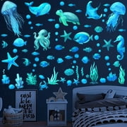 Underwater World Glow-in-the-Dark Fish Wall Decal - 85 Pieces of Waterproof Peel-Off Stickers for Rooms, Bathrooms, etc. (Blue,28x36cm 3pcs)