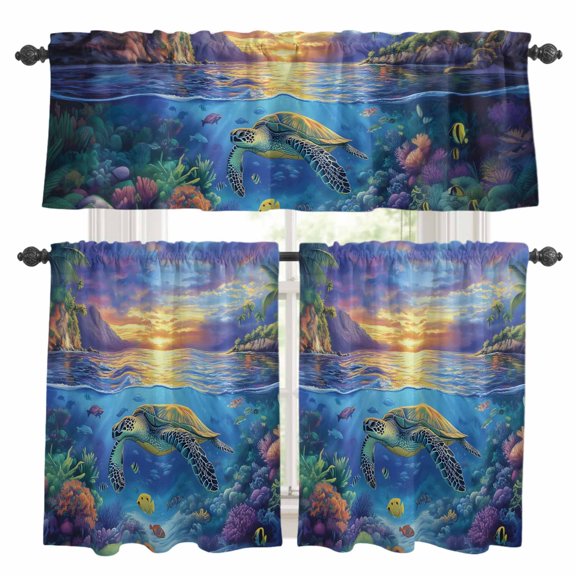 Underwater World Kitchen Curtains Valances and Tiers Set of 3 Sea Turtle Coral Tropical Fish Tier Curtains and Valance with Rod Pocket for Small Windows, 27.5"x24"