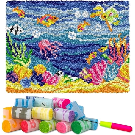 Rectangle Underwater World Ocean Latch Hook Rug Kit, Beginner Friendly Pre-Cut Yarn DIY Craft for Kids & Home Decor, 20x15 inch