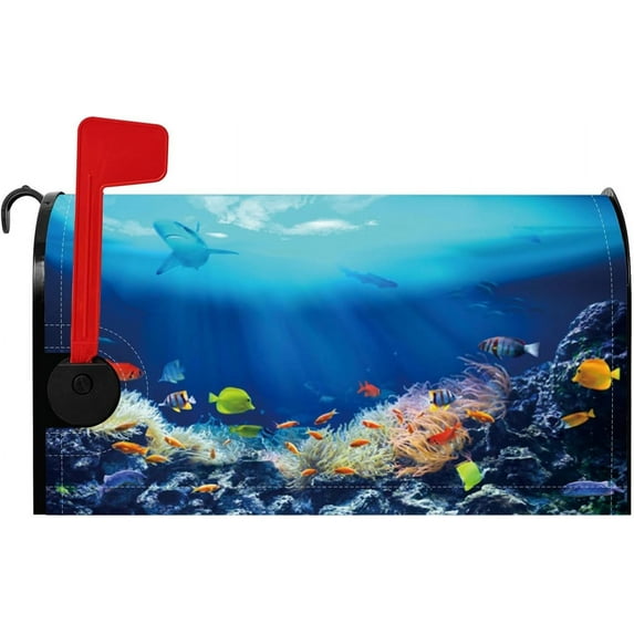 Underwater World Mailbox Cover Sea Shark Clown Tropical Fish Coral Plants Magnetic Mailbox Covers Summer Theme Post Letter Box Cover for Garden Yard Home Decoration Standard Size 18x21 Inch