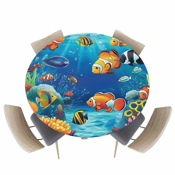 Underwater World Marine Life Fitted Round Tablecloths Elastic Edged Table Covers 36"-44",Ocean Fish Coral Seaweed Waterproof Dining Room Kitchen Table Cloth for Holiday Party Tables Decor
