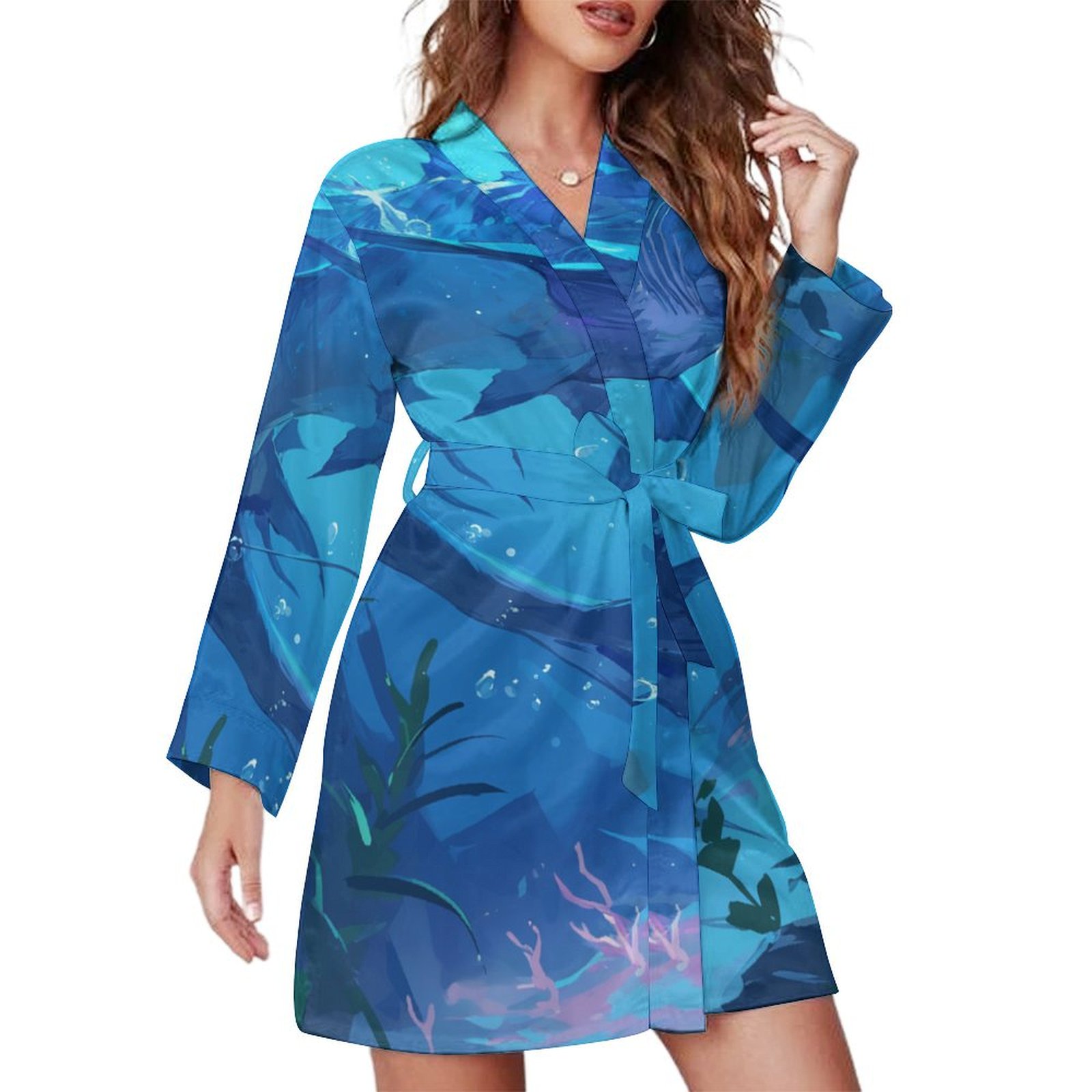 Underwater World Night Robe Long Sleeve V Neck Robe With Belt Women's ...