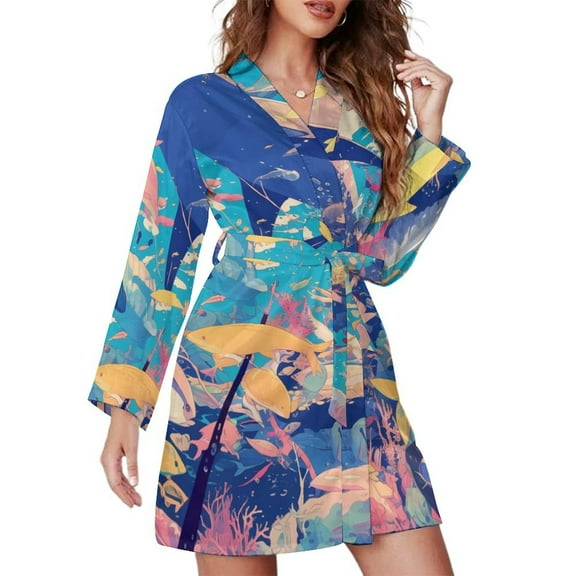 Underwater World Night Robe Long Sleeve V Neck Robe With Belt Women's Sleepwear Dresses