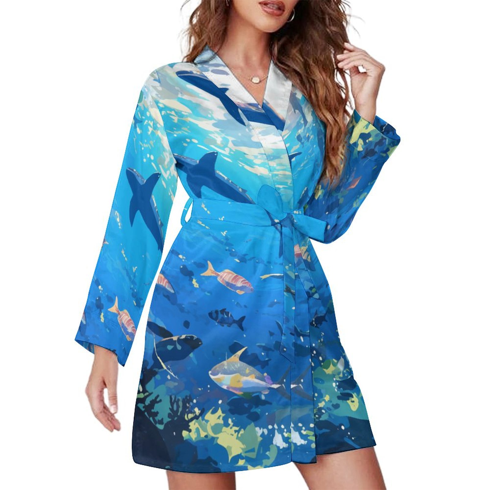 Underwater World Night Robe Long Sleeve V Neck Robe With Belt Women's ...