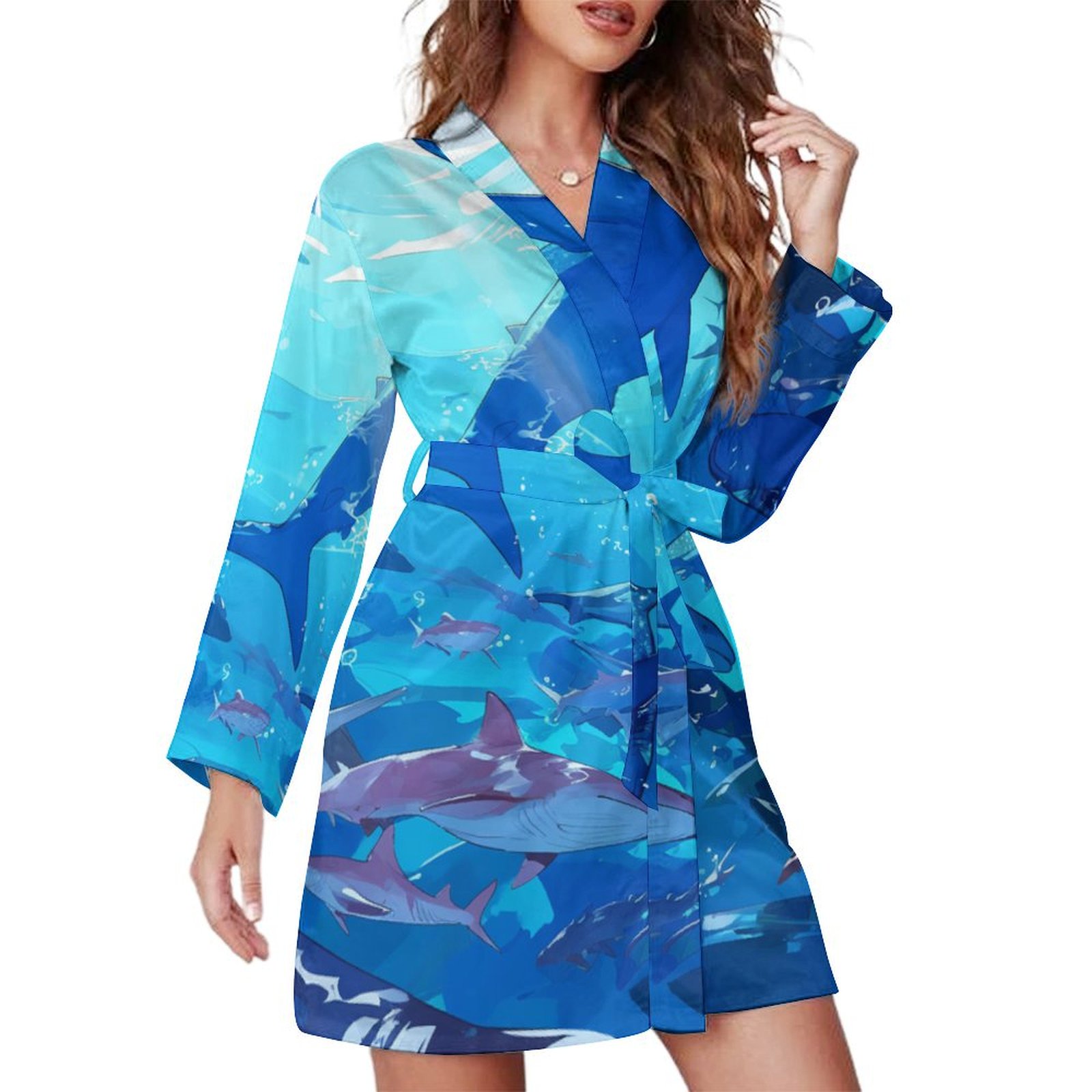Underwater World Night Robe Long Sleeve V Neck Robe With Belt Women's ...