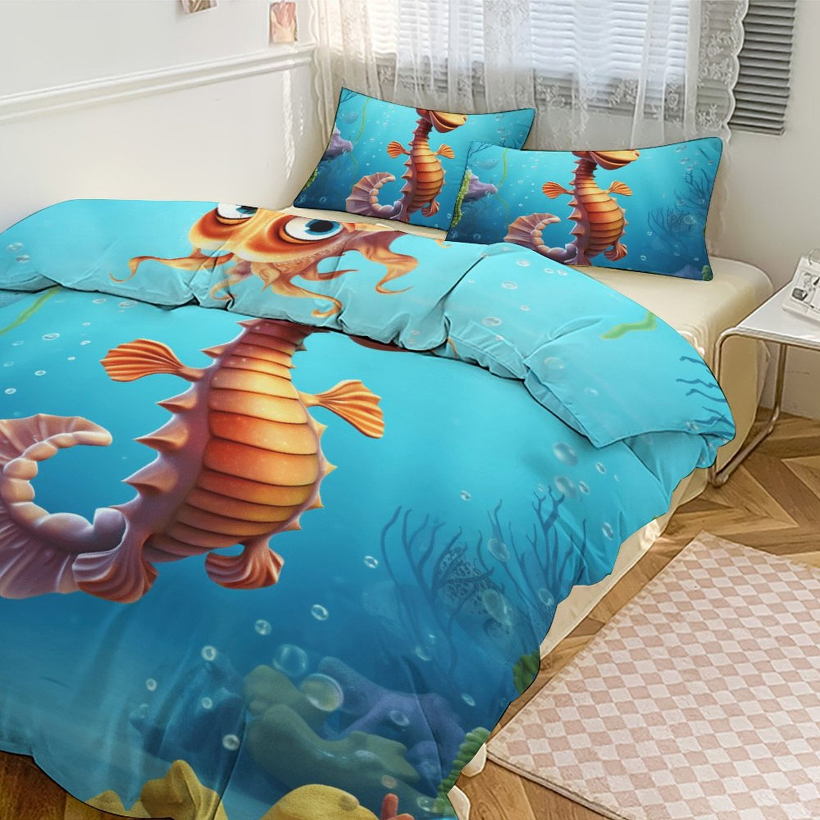 Underwater World Seahorse Bedding Set with Zipper Closure for Girls