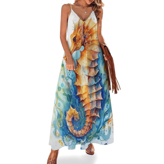 Underwater World Seahorse Watercolor Sleeveless Suspender Dress Summer Fashion Casual Long Dress